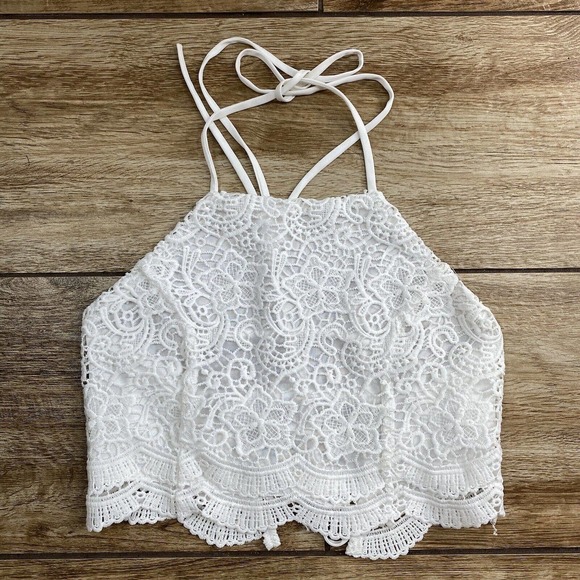 Papaya Tops - White Lace Halter Top Crop Medium